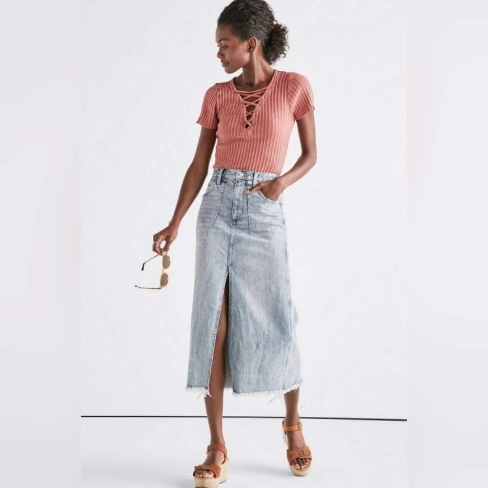 Lucky Brand Medium Wash Blue Denim Midi Skirt
